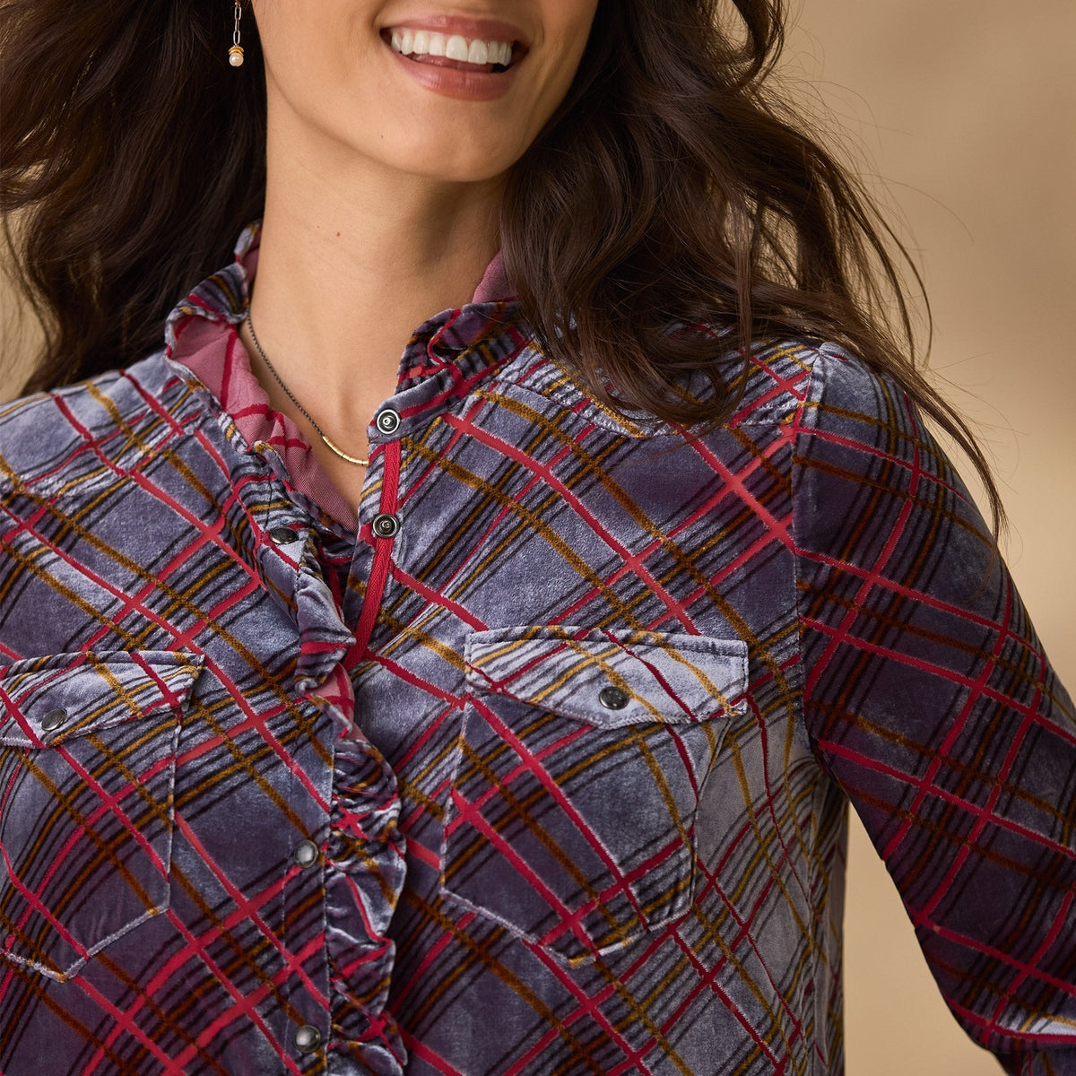Gretel Plaid Velvet Shirt. Petite