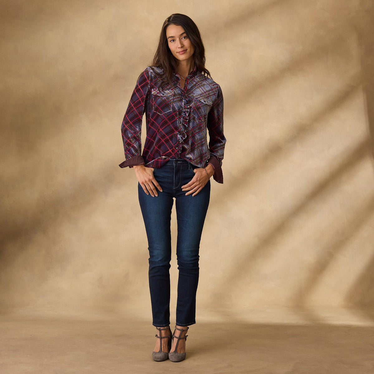 Gretel Plaid Velvet Shirt. Petite