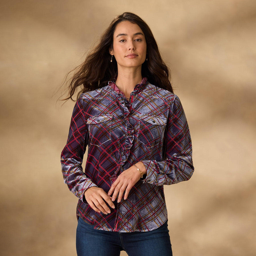 Gretel Plaid Velvet Shirt. Petite