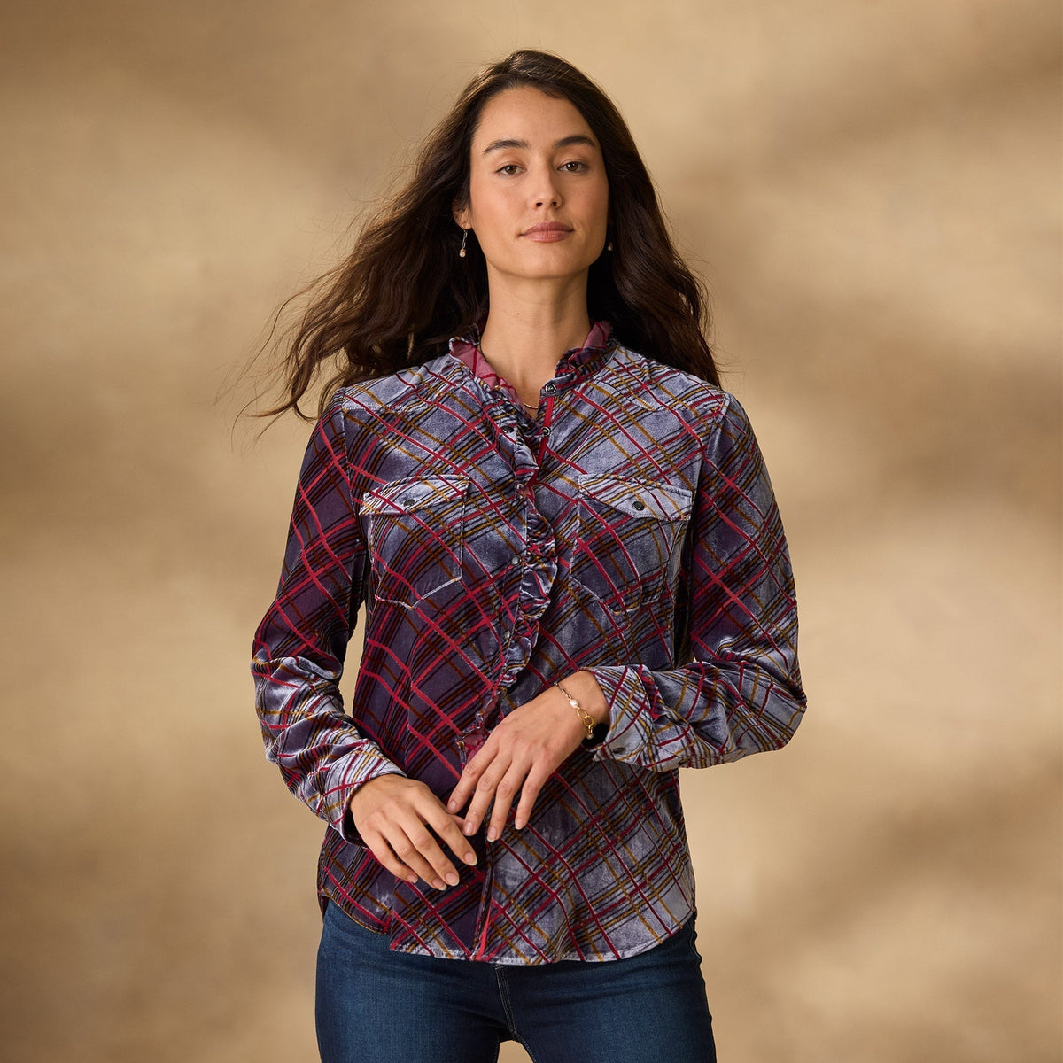 Gretel Plaid Velvet Shirt. Petite